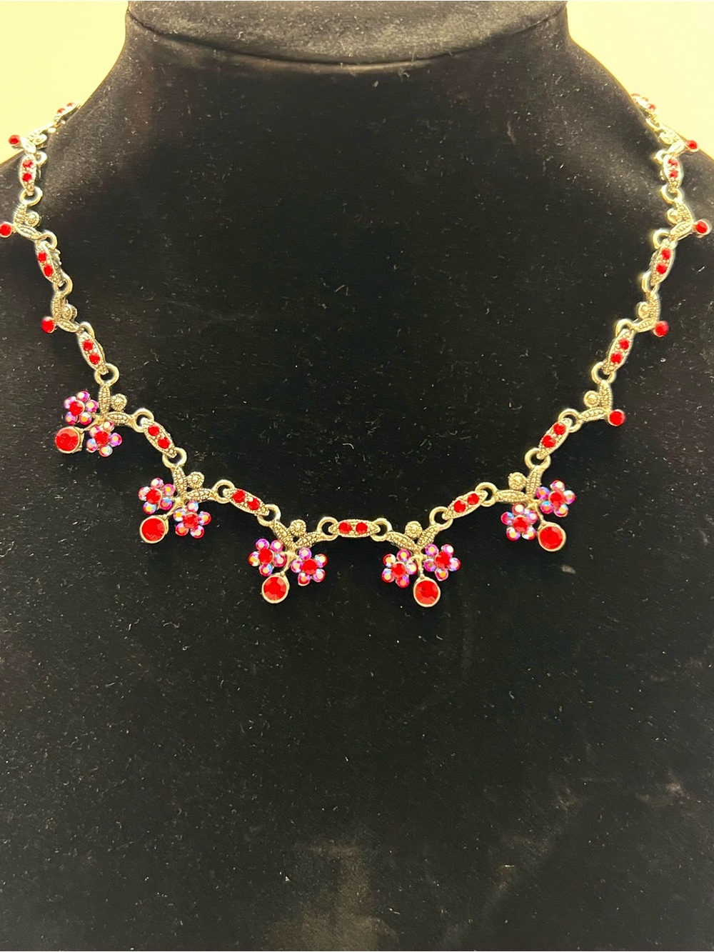 Gold-Tone Red Floral Crystal Statement Necklace